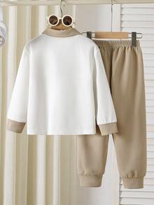 Young Boy Colorblock Waffle Polo Shirt & Drawstring Pants Casual Spring/Fall Outfit Set - Apricot - View 2