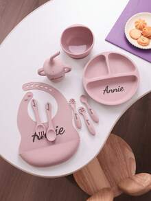 9PCS Personalized Customization Name Baby Silicone Tableware Dinner Sets Mini Utensils Suction Plate Bowl Sippy Cup Portable Spoon Fork Adjustable Bib, Baby Shower Gift, Self-Feeding Set - Multicolor - View 7