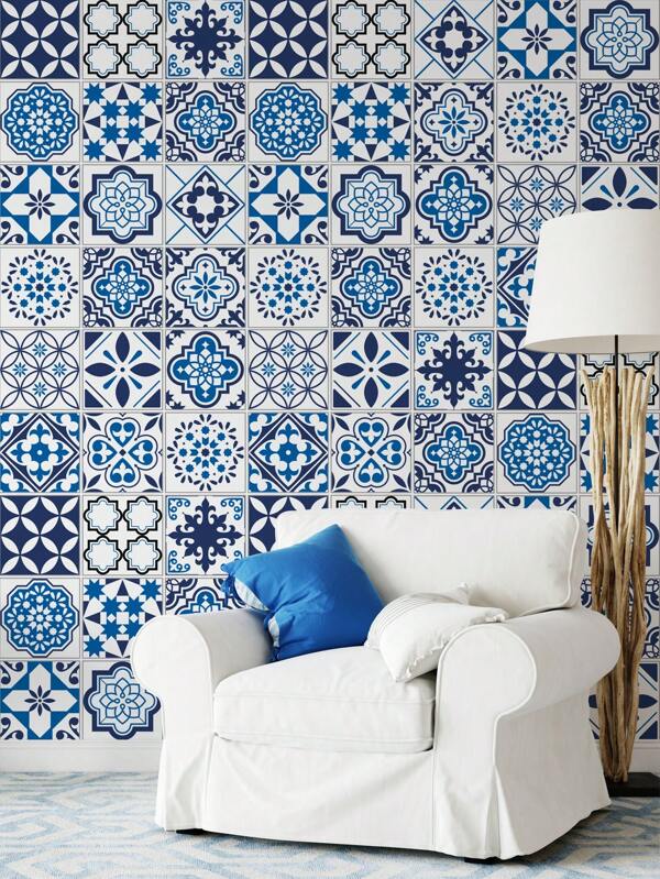 Spanish Moroccan Blue Tile Peel And Stick Wallpaper Blue Botanical Vinyl Tile Self-Adhesive Wallpaper Removable Wallcovering Waterproof For Kitchen Backsplash Cabinet Wall Paper Wall Stickers Room Decor Wall Decor