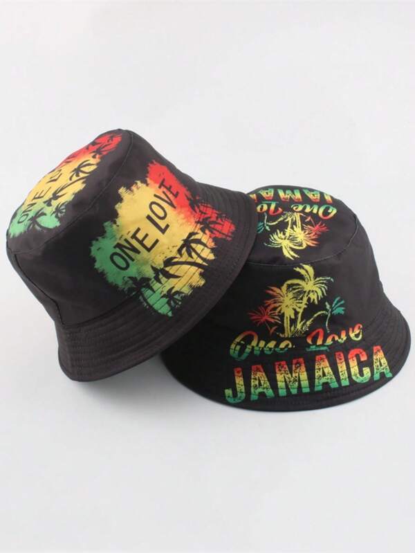 Cappello a secchio di moda da vacanza con stampa "One Love", cappello secchio casual da esterno unisex per protezione dal sole, cappello Jamaica