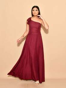 Helena Long Dress Luxury Plain Duna Linen With Bow One Shoulder - Gỗ đỏ - Xem 3