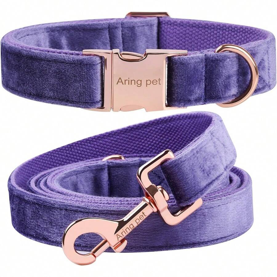 Local Delivery-ARING PET Velvet Dog Collar And Leash Set, Soft Purple Dog Collar And Leash, Adjustable Collars For Dogs - 紫色 - 查看 1