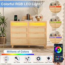 Rattan Dresser For Bedroom With 8 Drawers, Wood Dresser With Charging Station & Led Lights, Boho Dressers & Chests Of Drawers - Multicolor - View 4
