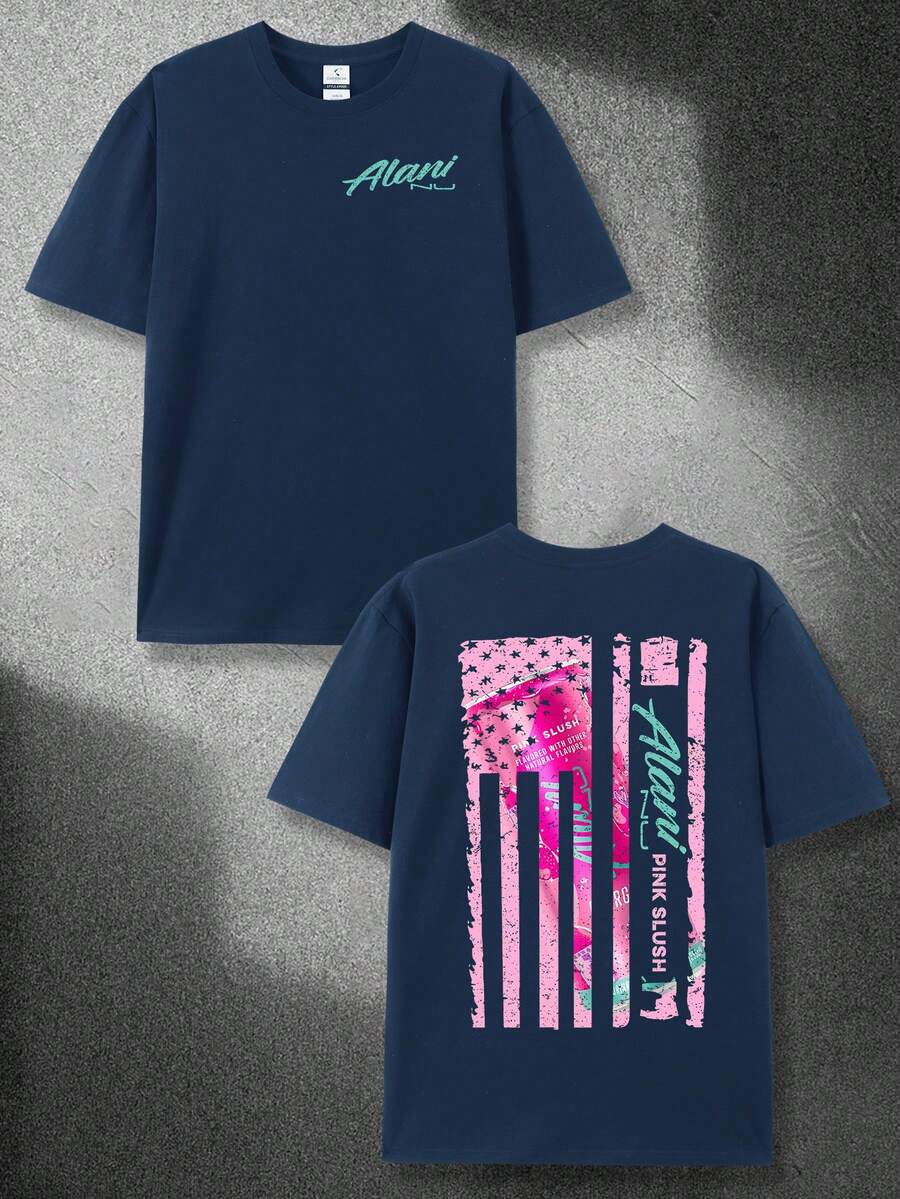 220g Cotton T-Shirt Summer Casual Men's T-Shirt Cotton Versatile T-Shirt Alani Pink Slush Graphic T-Shirt - 藏蓝色 - 查看 1