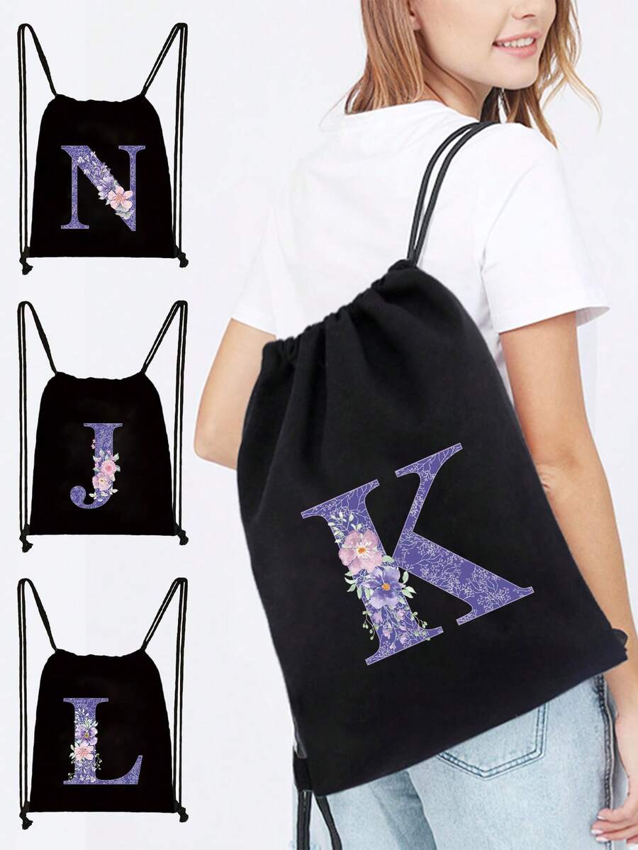Drawstring Bag School Backpack Sport Bag Women's Fashion Shoulder Backpacks Canvas Shopping Bag Organizer For Travel Cycling Hiking Woman Large Capacity Storage Shopper Bags Initial Name A To Z Letter Print - Black - View 1