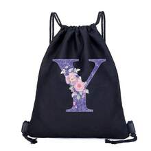 Drawstring Bag School Backpack Sport Bag Women's Fashion Shoulder Backpacks Canvas Shopping Bag Organizer For Travel Cycling Hiking Woman Large Capacity Storage Shopper Bags Initial Name A To Z Letter Print - Black - View 10