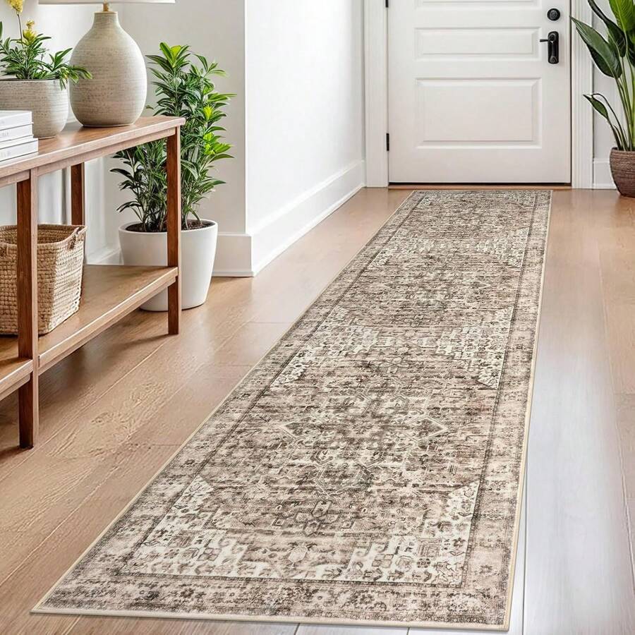 2x8 Golden Beige Brown Washable Printed Runner Rug For Hallways, Soft Neutral Vintage Runner With Non-Slip, Non-Shedding Boho Rug For Bedroom Kitchen Porch Laundry Bathroom Indoor - Beige - View 1