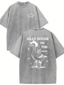 Goose Bumps Boutique Fashion T-Shirts - SILLY GOOSE ON THE LOOSE T-ShirtFor Men And Women - Soft Washed Batik Retro Thickened Cotton, Casual Refined, , Fashionable, 230g - Xám - Xem 1