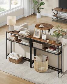 Console pour Couloir, Table de Salon Fine à 2 Niveaux, 20 x 80 x 80 cm/20 x 100 x 80 cm/20 x 120 x 80 cm, Table d'Appoint avec 2 Étagères, pour Salon, Chambre, Marron Rustique et Noir d'encre - Tabac - Voir 4