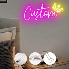 Customizable LED Neon Sign With Yellow Crown Pattern - Adjustable Brightness USB-Powered Wall Decor For Bedroom, Room & Weddings - Durable Plastic Wall-Mounted Light, Neon Signs For Wall Decor