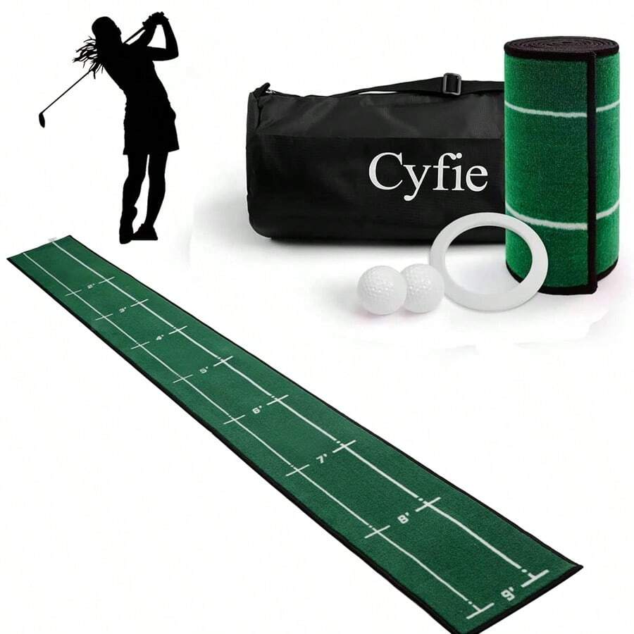 CYFIE ゴルフ練習マット ゴルフ マット パターマット 練習用マット パッティングマットパター技術向上 距離感練習 静音 折りたたみ コンパクト 収納 洗濯可能 屋内/屋外/廊下 練習器具 パターカップ 収納袋 ゴルフボール付き 約280*30cm 4点セット - グリーン - チェックする 1