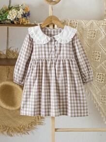 Girls' Peter Pan Collar Plaid Long Sleeve Sweet Princess Dress, Autumn