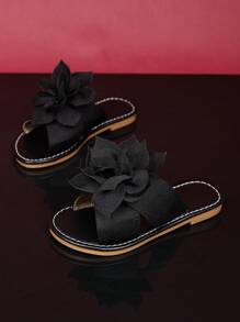 1 par de chanclas planas de playa para niñas de talla grande, de tela de punto con decoración de flores de peonía grandes, punta redonda abierta, zapatillas de casa lindas y de moda para niñas de 3 a 15 años, nueva llegada de verano 2025