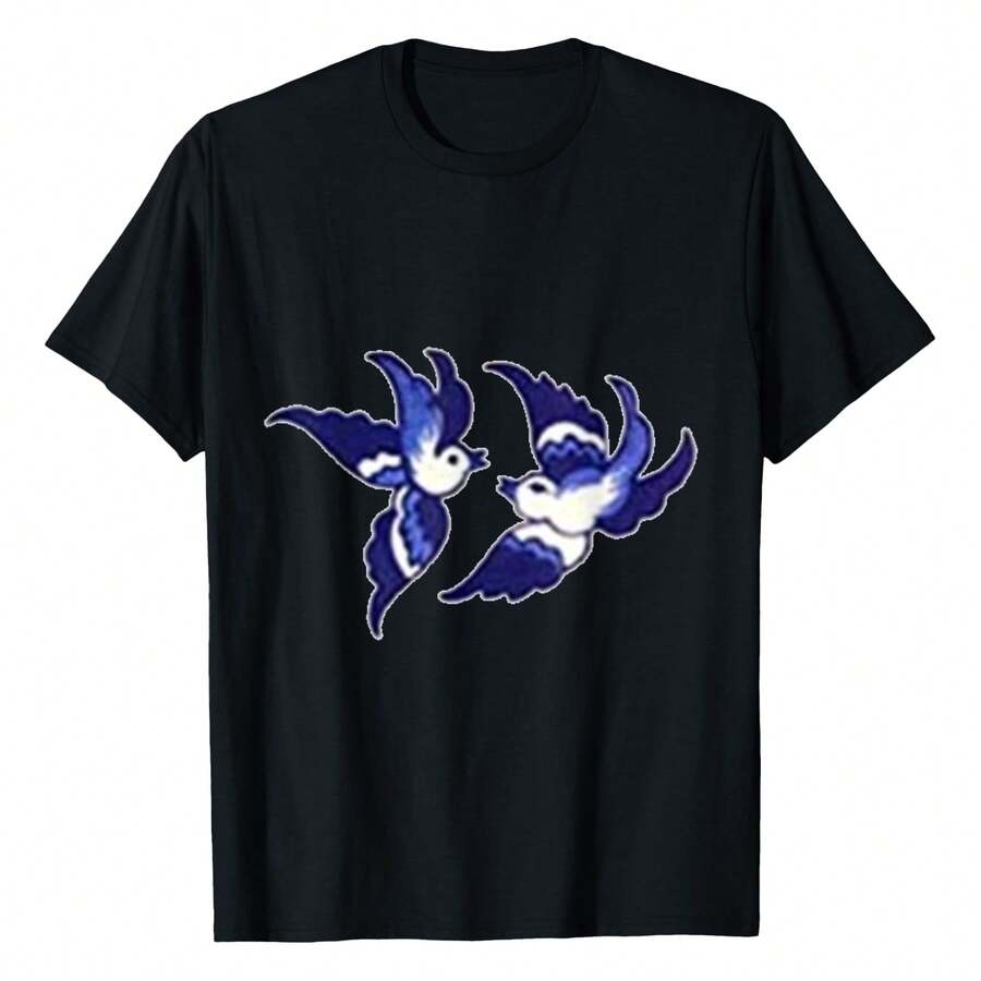 Classic Blue Willow Bird Design T-Shirt Comfortable Sweatshirt, Suitable For Daily Wear, Parties Or Outdoor Activities. - màu đen - Xem 1