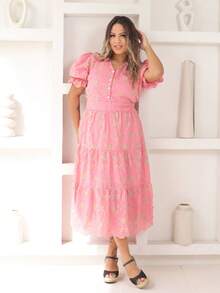 Women's Fashion Midi Dress In 3D Laise Fabric With Elastex On The Back And Button On The Front And Lining - 雙色淡粉紅色 - View 4