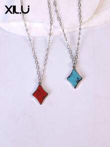 1pc Poker Card & Turquoise Enamel Pendant Necklace For Women, European & American Design
