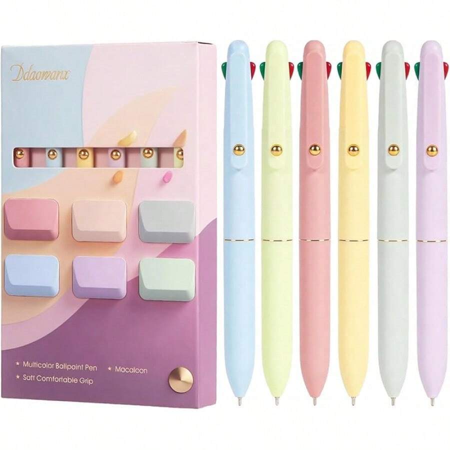 Ddaowanx Multicolor Pens, 4-In-1 Colored Ballpoint Pen 0.5mm Fine Point Smooth Writing,Nurse Accessories Work,Gifts Teen Girls,6-Count - 6 Pcs Macaroon - View 1