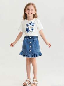 2pcs/Set Baju Rajut Lengan Pendek Motif Kupu-kupu untuk Anak Perempuan + Rok Denim Washed dengan Hiasan Rumbai di Bagian Bawah, Pakaian Kasual Sehari-hari untuk Musim Panas - Putih - View 1