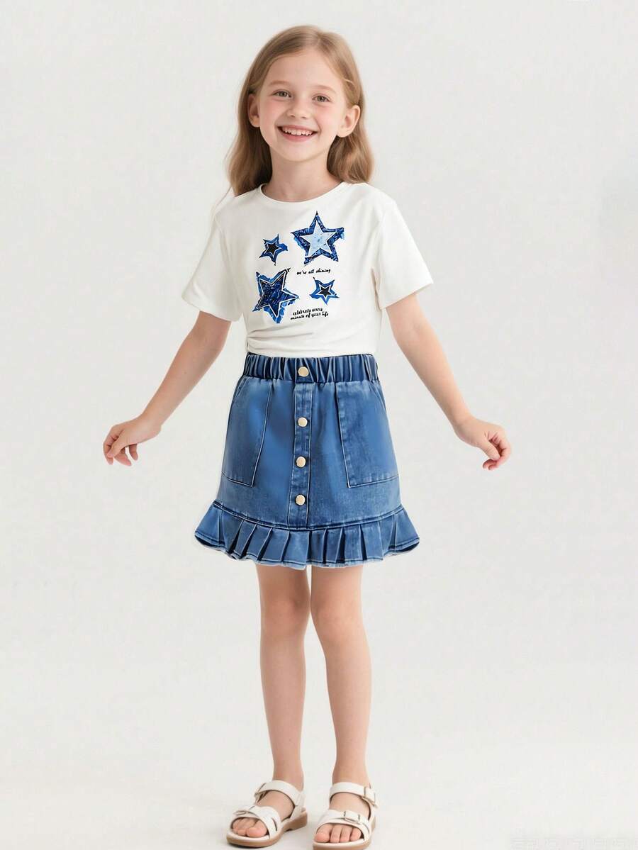 2pcs/Set Baju Rajut Lengan Pendek Motif Kupu-kupu untuk Anak Perempuan + Rok Denim Washed dengan Hiasan Rumbai di Bagian Bawah, Pakaian Kasual Sehari-hari untuk Musim Panas - Putih - View 1