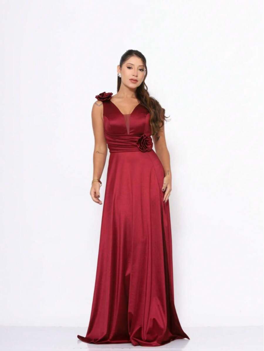 Long Satin Bridesmaid Dress With Flower Detail - Redwood - View 1