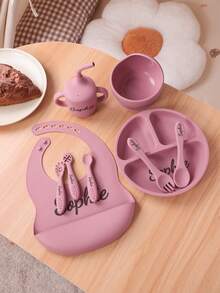 9PCS Personalized Customization Name Baby Silicone Tableware Dinner Sets Mini Utensils Suction Plate Bowl Sippy Cup Portable Spoon Fork Adjustable Bib, Baby Shower Gift, Self-Feeding Set - Multicolor - View 6