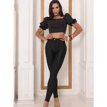Women's Cirrê Pants With Fake Button Legging Pants - - 黑色 - 查看 9