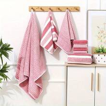 8-Piece Striped Coral Fleece Quick Dry Towel Set - 11.8" Hand Towels For Home/Hotel/Spa Back To School - Rose Red - View 1