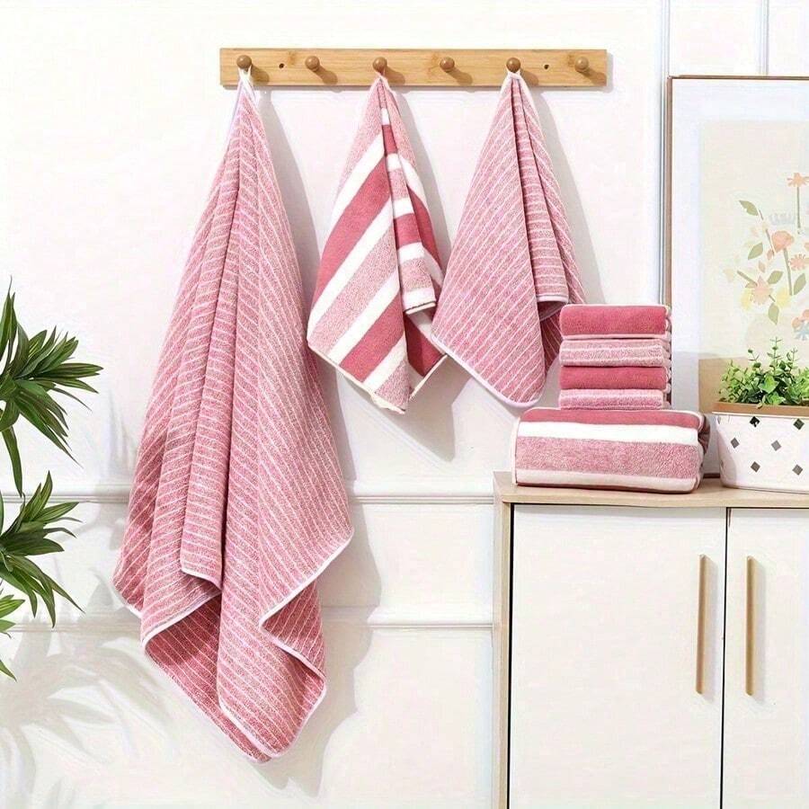 8-Piece Striped Coral Fleece Quick Dry Towel Set - 11.8" Hand Towels For Home/Hotel/Spa Back To School - Rose Red - View 1