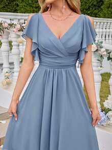 雪纺极简性感深V领紧身派对礼服，适合春季婚礼 - 霧霾藍 - 查看 3