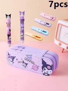 Sanrio Set de 7 piezas - Estuche/caja de lápices de gran capacidad de doble capa de Sanrio, que incluye 1 caja de artículos de papelería, 2 bolígrafos, 4 gomas de borrar de presión, Set de caja de artículos de papelería de Kuromi, un gran regalo para volver a la escuela para niños