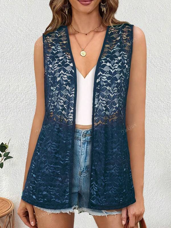 Yukiwi Women's Solid Color Casual Contrast Hollow Out Lace Sleeveless Vest Coat