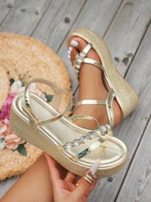 Women's Fashion Gold Beaded Floral Rhinestone Ankle Strap Wedge Sandals - Open Toe Casual Thick Heel Sandals For Summer