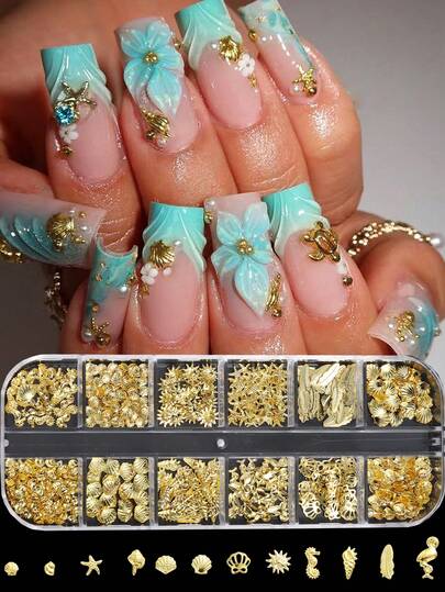 1 Box 12 Slots 3D Ocean Theme Nail Art Decorations, Alloy Shell, Abalone, Seahorse, Starfish, Seashell, Rhinestone 3D Ocean Series Metal Pendants, Suitable For Nail Art Craft Making