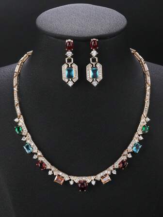 1 set de 3 pièces de collier et boucles d'oreilles en zirconium cubique de luxe, ensemble de bijoux mode pour soirée, accessoires de robe du soir, cadeau pour la Saint-Valentin