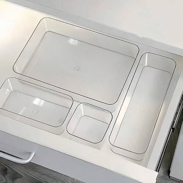 Conjunto de organizadores de gaveta de plástico transparente, 4 bandejas organizadoras versáteis para gavetas de banheiro e penteadeira, recipientes para maquiagem, utensílios de quarto, cozinha e escritório (combinação (4 peças)) para mulheres, organizador de armazenamento, itens essenciais para viagem, volta às aulas