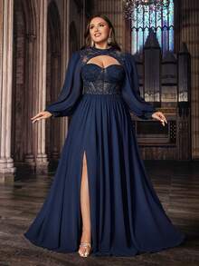 Stunning Plus Size Women Solid Color Lace Splicing Long Sleeve Bodice Chiffon Gown Dresses