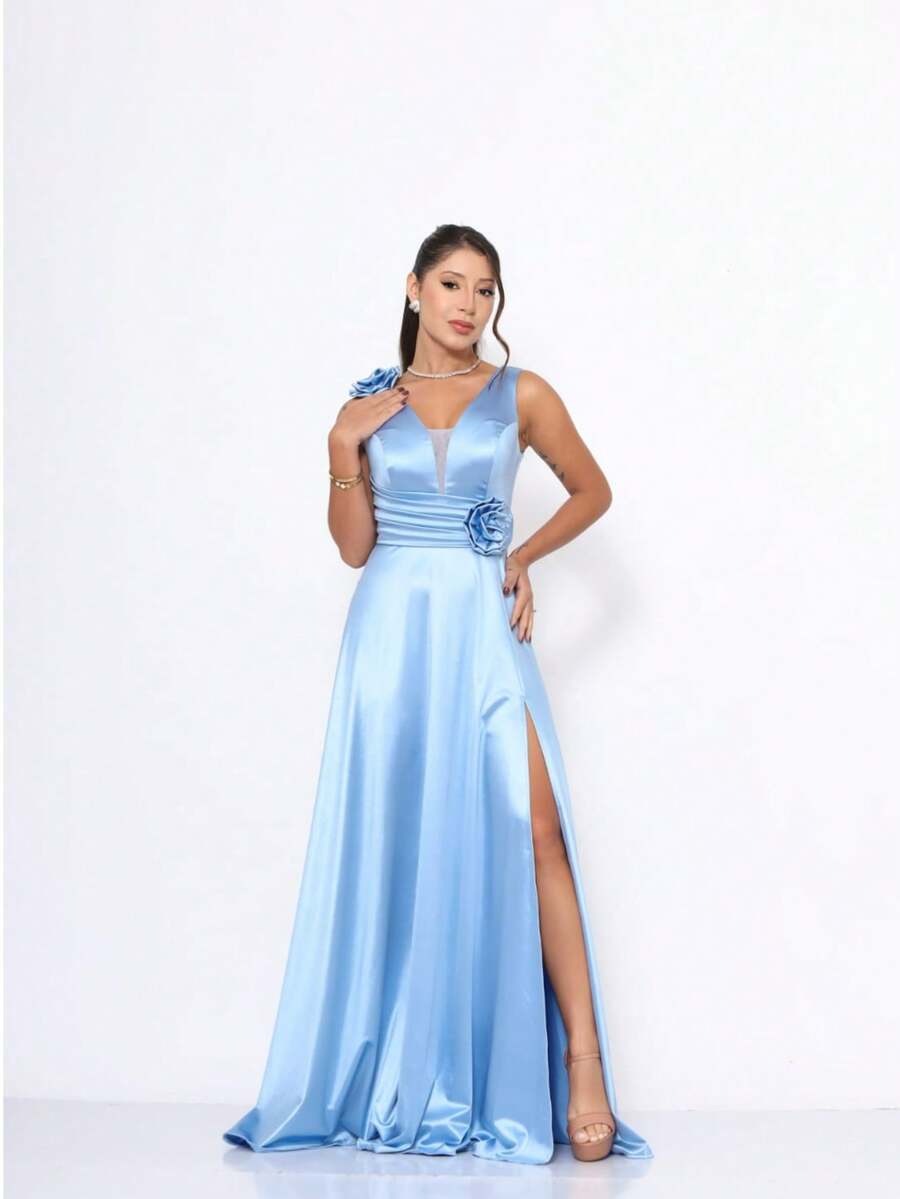 Long Satin Bridesmaid Dress With Flower Detail - Màu xanh thanh bình - Xem 1