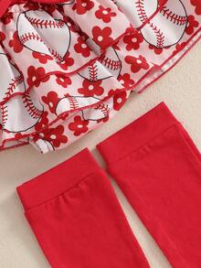 Baby Girls Summer Outfits Short Sleeve Letter Romper With Baseball Print Skorts And Headband And Socks Set - White - View 7