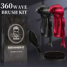 4 In 1 360 Waves Brush Kit For Men & Women, Wave Brush Silky Durag Wave Cap Set - Including 2pcs Durag Caps - Black & Red, And Brush With Wooden Handle, Silky Shine & Training, Curved Brush, Durag Cap Set, Du-Rag Extra Long Tails