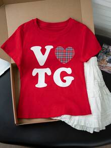 Back To School Cute Heart & Letter Print Casual Round Neck Short Sleeve T-Shirt For Women, Spring/Summer Red - Red - View 5