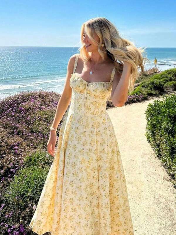 ii Floral Midi Dress Flowy Slit Dresses For Women Going Out A Line Casual Vacation Beach Sundres