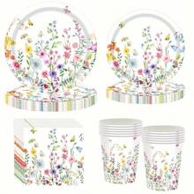 80pcs/120ocs Floral-Themed Cutlery Set, Disposable Cutlery Set, Party Cutlery Set, Wedding Cutlery, Birthday Cutlery, Party Decorations, Disposable Plates, Plates, Paper Cups And Napkins, Meet 20/30 Guests, Table Decorations, Ambience, Party Supplies