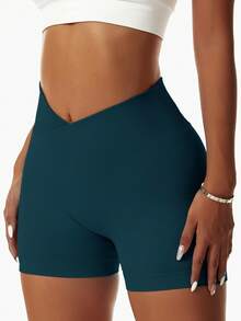 Solid Ribbed V-Waist Scrunch Butt Lifting Yoga Shorts - Seamless High Stretch Tummy Control Workout Biker Shorts For Summer Fitness,Athletic Gym Booty Shorts For Sports & Activewear - 墨綠色 - 查看 6