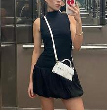 Bubble Dress Women Sleeveless Mock Neck Knit Open Back Dress Bodycon Y2k Party Club Short Dress - 黑色 - 查看 4