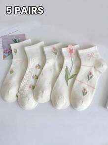 5 pares de calcetines de mujer para primavera y verano, con diseño de flores de tulipán y estilo simple y moderno, suaves, transpirables y con absorción de sudor, para uso diario y deportivo de corta longitud