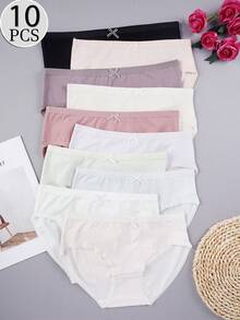 10pcs Pack Young Girls' Basic Bow Decor Solid Color Panties