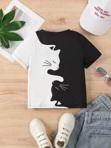 تي شيرت قصير الأكمام مطبوع رقميًا بتصميم القط التائجي ثلاثي الأبعاد، قطعة ملابس كاجوال خفيفة الوزن ومنفذة للهواء للارتداء في الأماكن المفتوحة