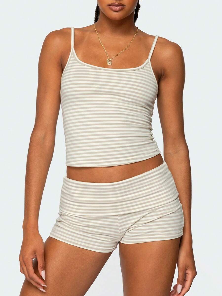 Women Y2k 2 Piece Lace Shorts Set Sleeveless V Neck Cami Top With Shorts Pajamas Sets Sleepwear - 黃色 - 查看 1
