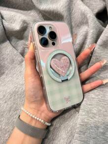 Magnetisches kariertes herzförmiges 360° drehbares Ständer-Etui, für 16/15, passend kompatibel mit Apple 14/13 Pro Max, Doppelschicht Hartschale, süß & frisch, koreanischer Stil, neues Design für den Sommer
