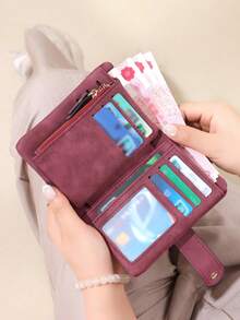 New Women Wallets PU Leather Female Short Hasp S Small Coin Card Holders Large Capacity Bag Portable Clutch With Strap For Women Wallet Purse Wallet Small Wallet - Purple - View 4